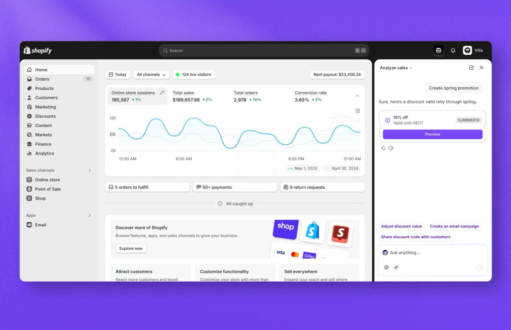 Shopify Summer 2025 features AI Sidekick interface for ecommerce stores performance optimization