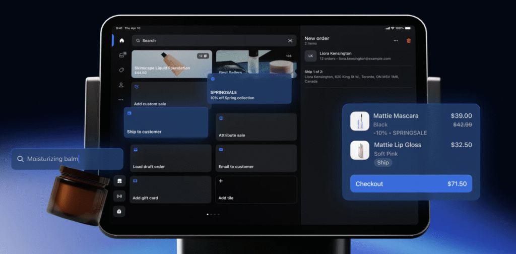 Shopify POS Version 10 displaying customer-facing screen with mixed-fulfillment options and integrated payment processing"
