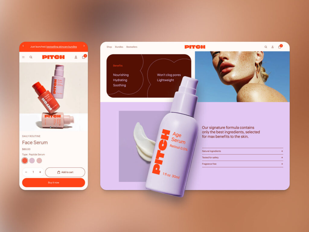 A dynamic, high-impact website for a beauty startup, crafted with the bold Pitch template from Shopify Horizon Themes.